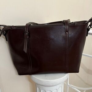Chic Dark Brown Authentic Leather Shoulder Bag, medium laptop. Like new